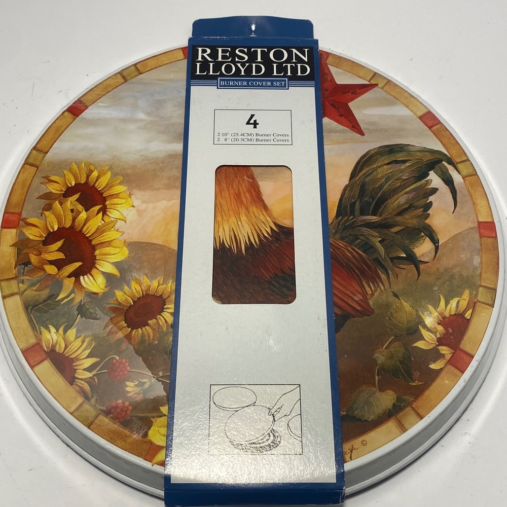 Reston Lloyd Burner Cover Set 4pc Morning Rooster Sunflower NEW Sandy Clough